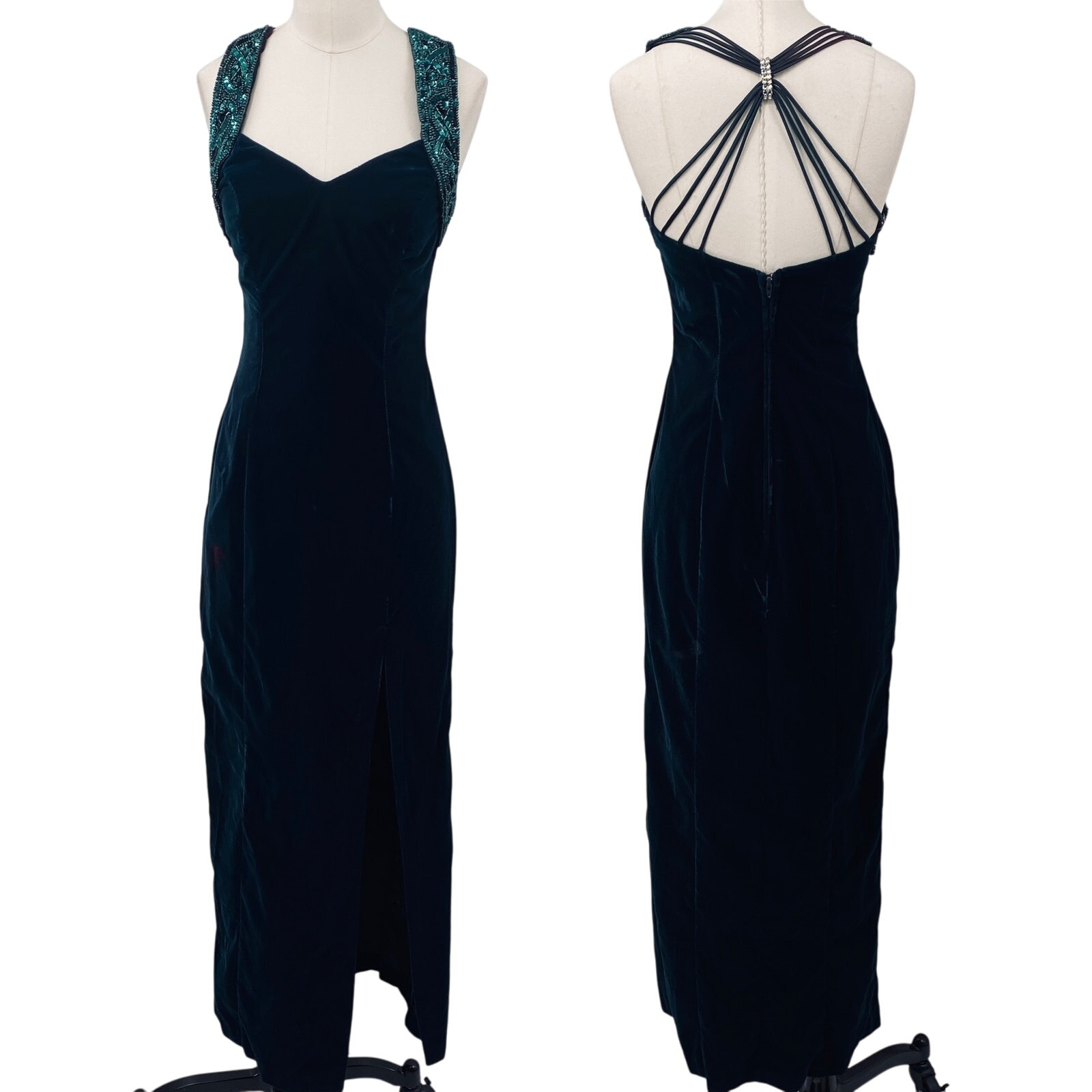 Vintage 90s Velvet Column Gown Sequin Halter Neck Strappy Back Teal Green 2